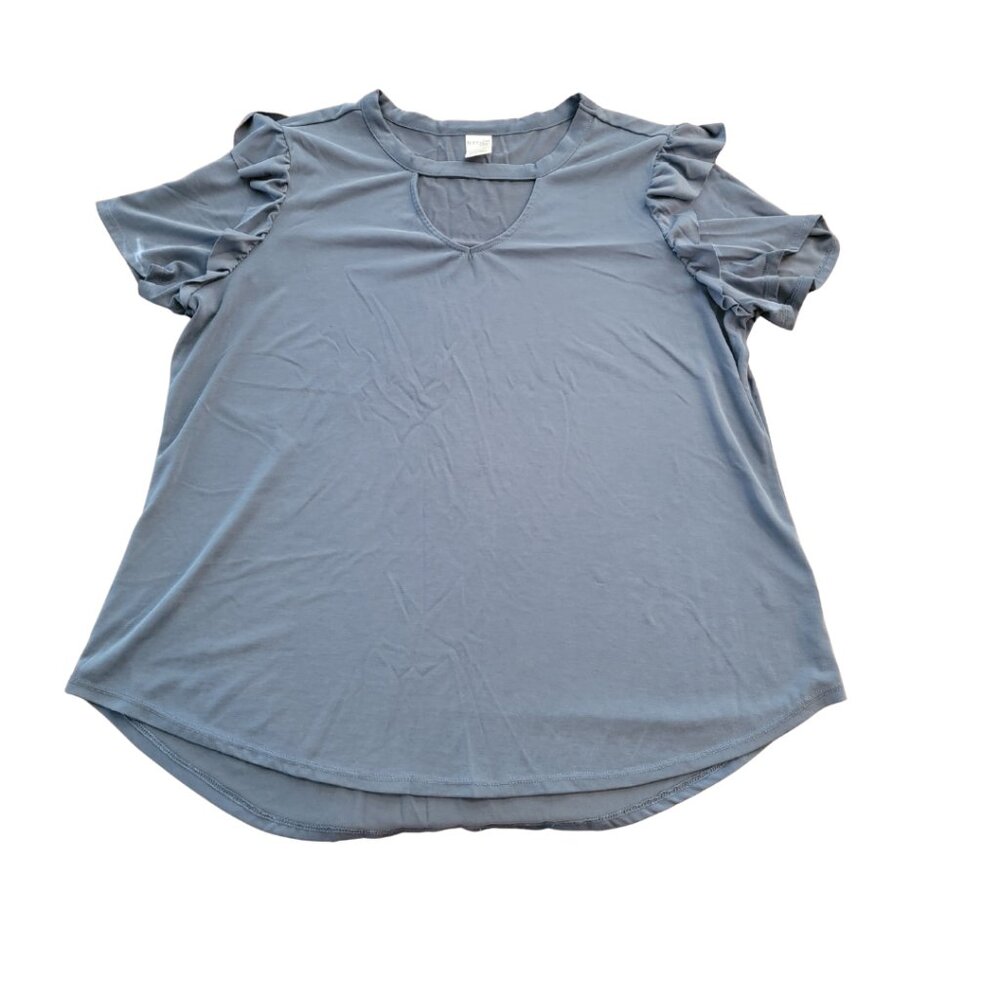 Terra & Sky Ruffle Sleeve Key Hole V-Neck Hi-low Top Women's Plus Size